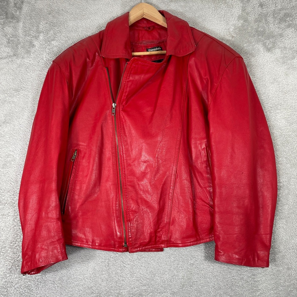 Vintage Berman Leather Moto Jacket Womens Large Red Thinsulate Zip Biker 80s